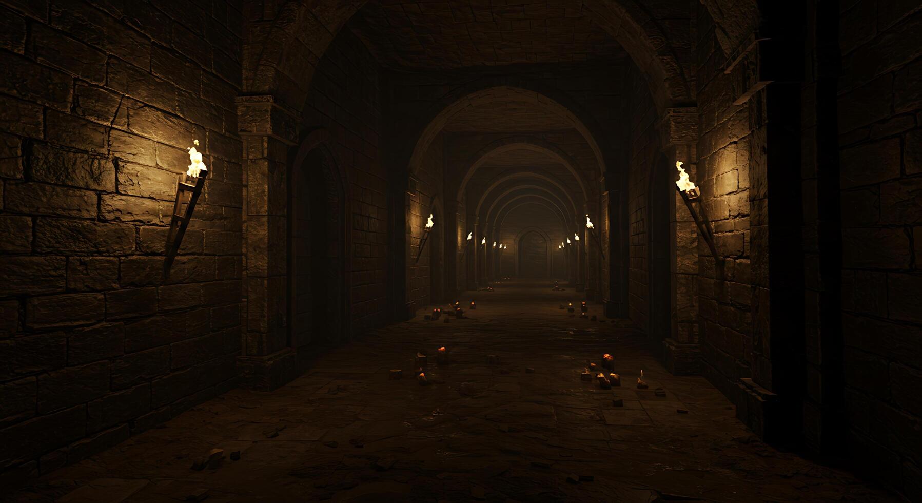 A dark hallway with candles and torches photo