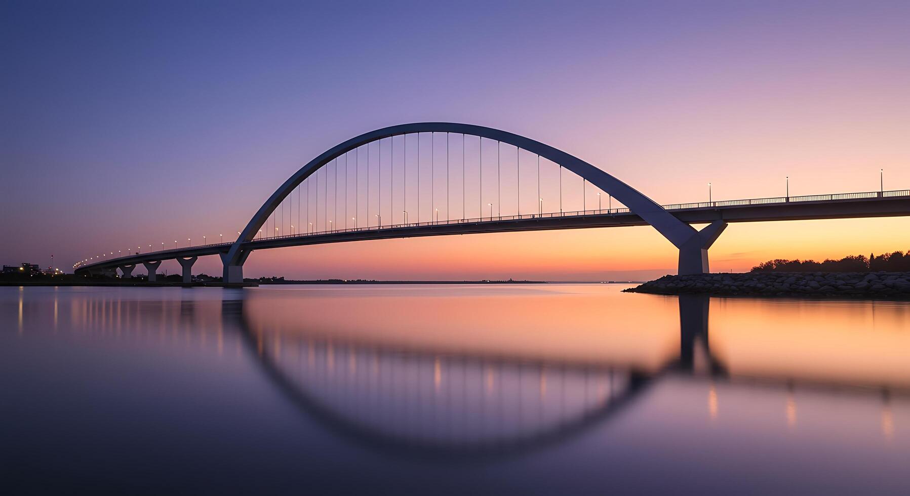 A bridge spanning over water at sunset photo