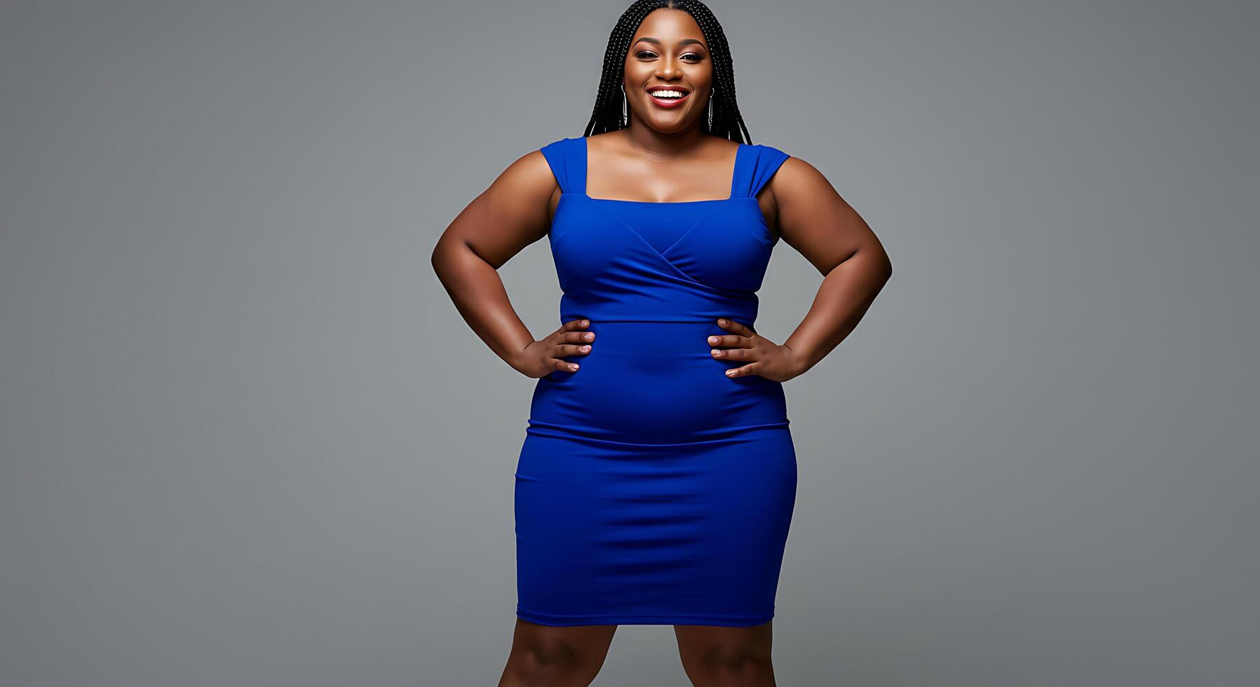 A woman in a blue dress posing for a photo