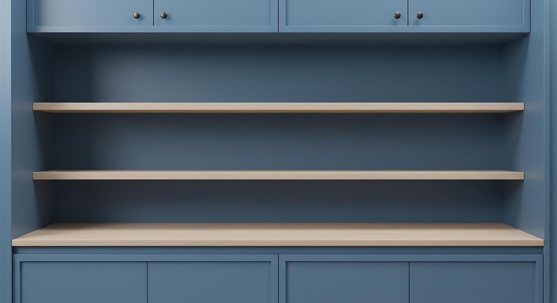 Blue bookcase with shelves and drawers photo