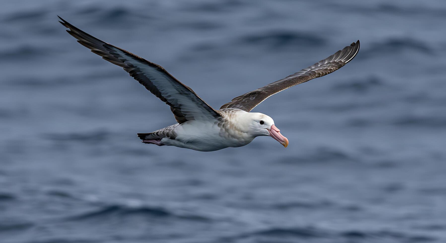 A large bird flying over the ocean photo