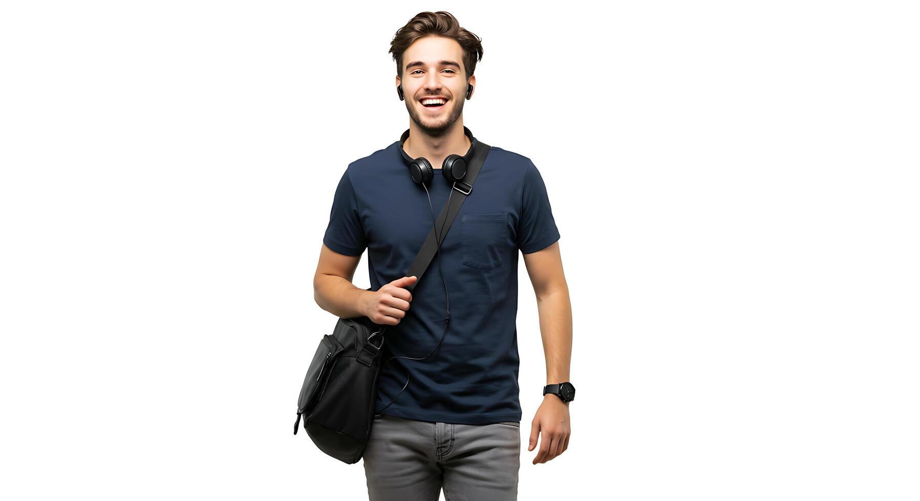 A man is smiling while holding a bag photo