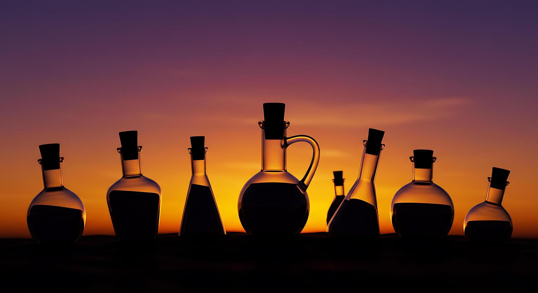 A group of bottles with a sunset in the background photo