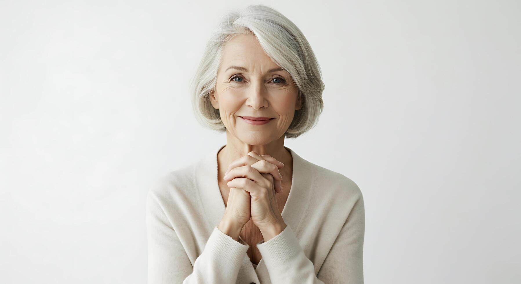 An older woman with her hands folded in front of her face photo