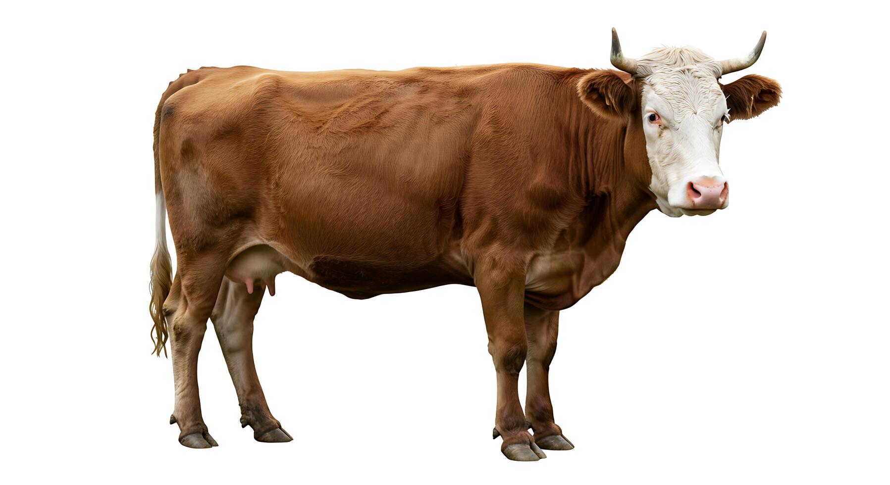 A brown cow standing in front of a white background photo