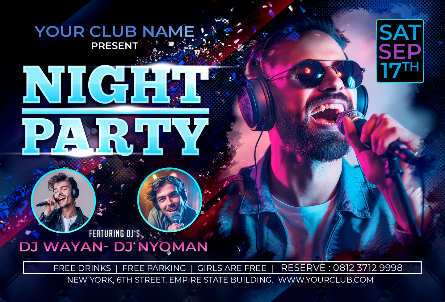 Blue Neon Night Party Landscape Flyer psd