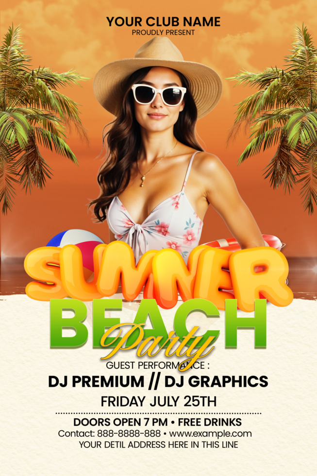 Orange 3d Render Text Summer Beach Party Flyer Template psd