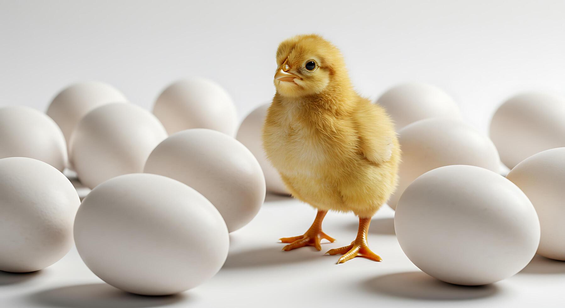 A small yellow chick is standing in a group of white eggs photo