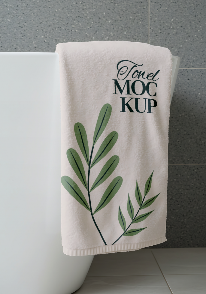 A beige towel with a leaf design and the words Towel Mockup hangs over a bathtub psd