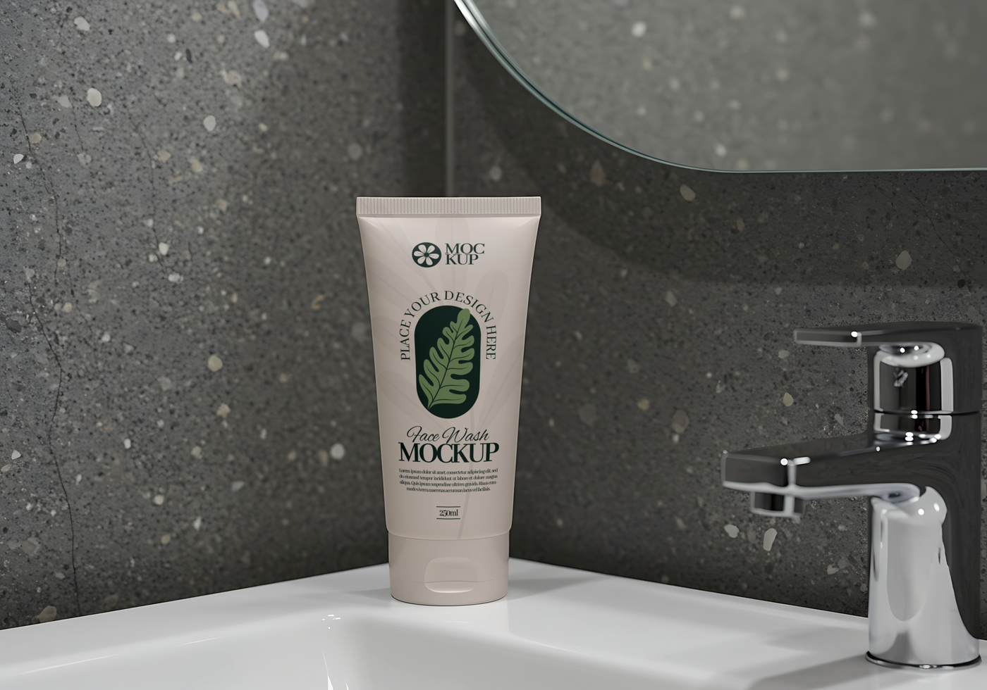 A tube of face wash sits on a modern bathroom sink psd