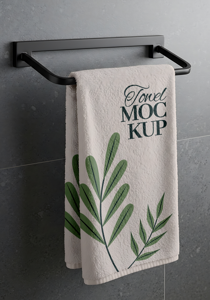 A cream colored towel with a leaf design hangs on a black towel rack psd