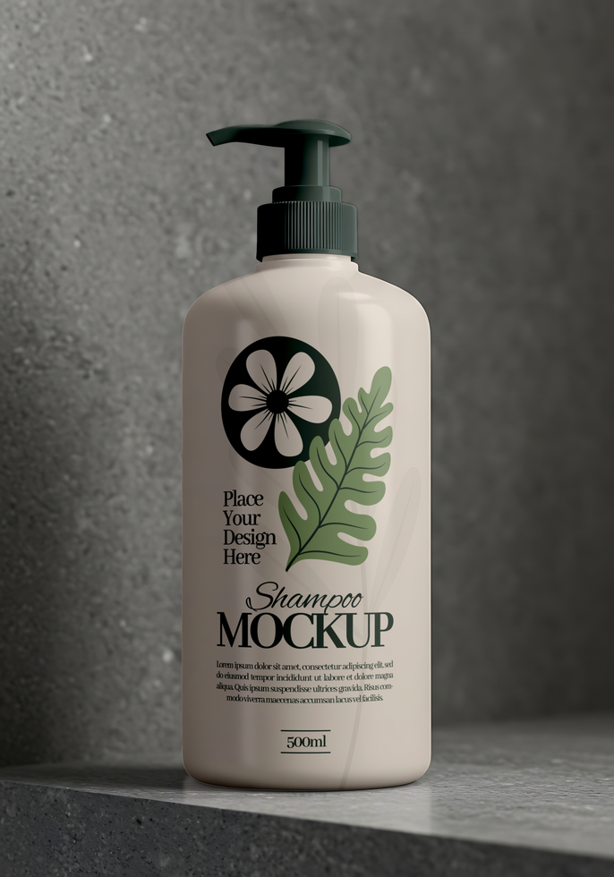 A 500ml shampoo mockup bottle with a minimalist botanical design psd