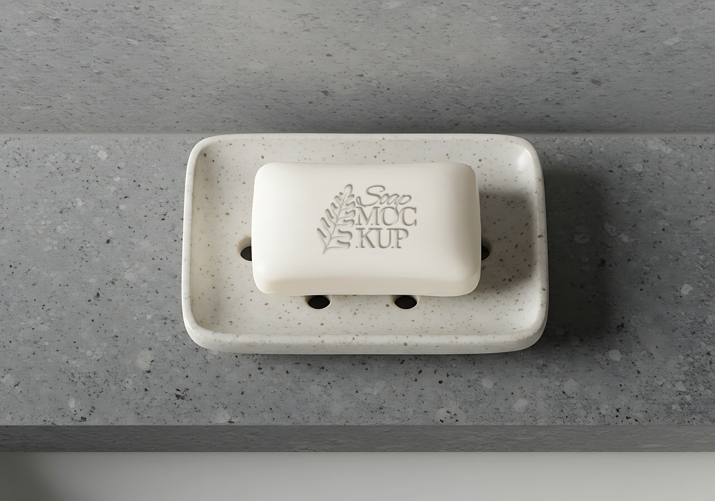 A bar of soap sits in a speckled rectangular soap dish on a gray countertop psd