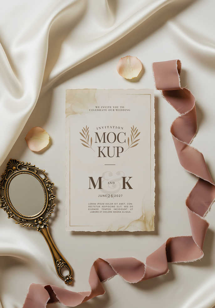 A wedding invitation for Moc Kup and M K on June 26 2027 surrounded by silk fabric rose petals and ribbon psd