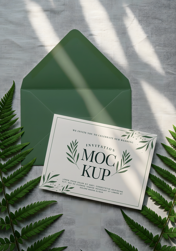A wedding invitation mockup nestled in a green envelope adorned with ferns psd