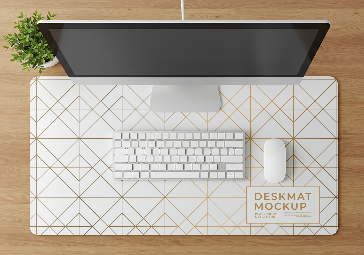 A minimalist desk setup with a geometric deskmat computer keyboard and mouse psd