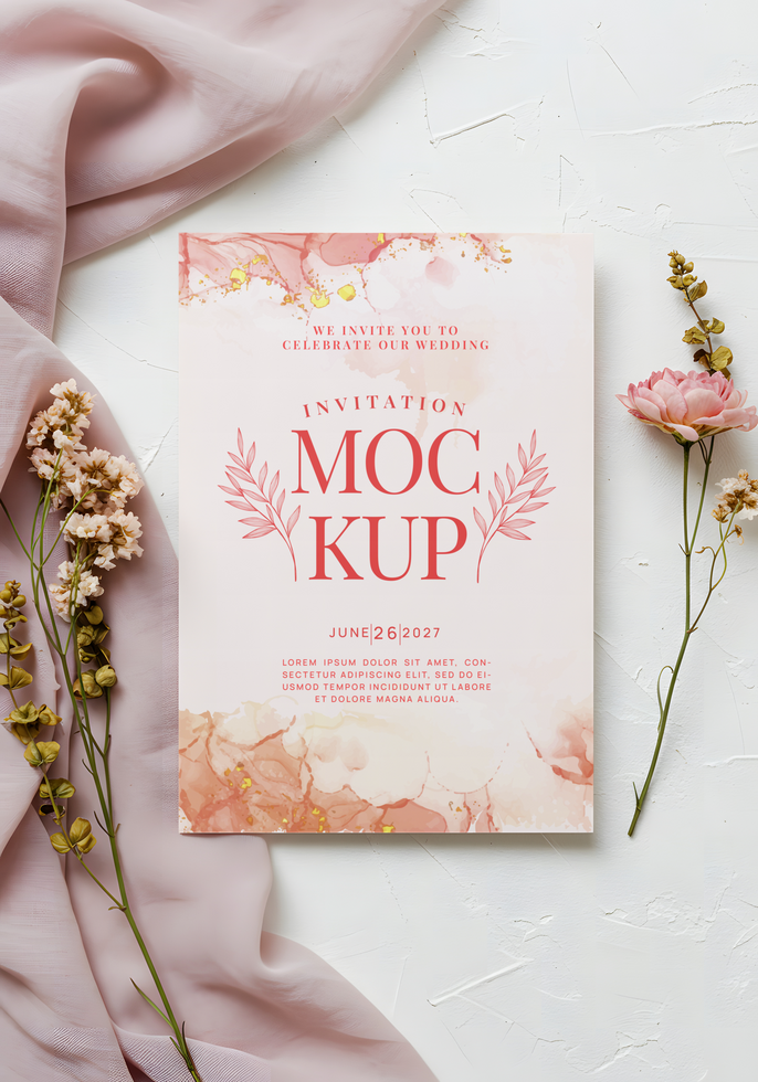 A wedding invitation for Moc Kup on June 26 2027 features a blush pink and gold design psd