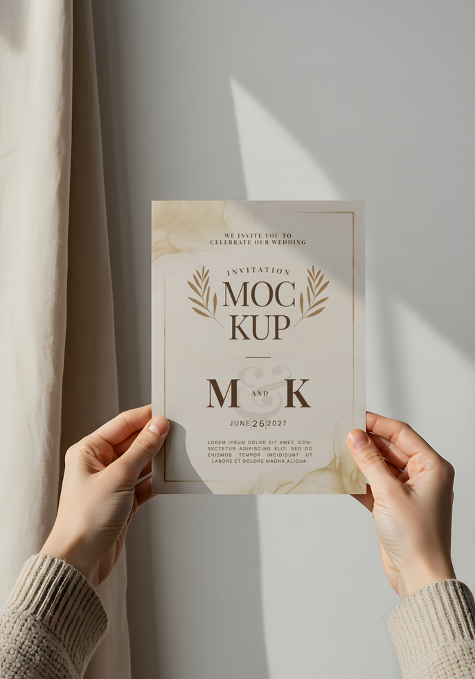 A wedding invitation for M and K on June 26 2027 is held delicately between two hands psd