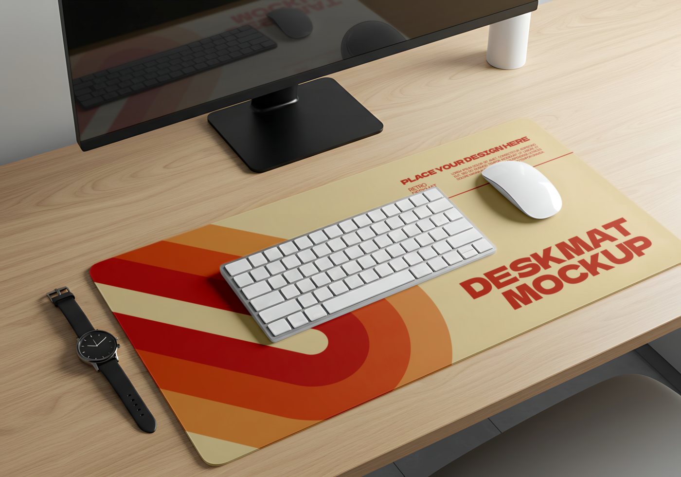 A retro styled deskmat with a keyboard mouse and watch sits on a wooden desk in front of a computer psd
