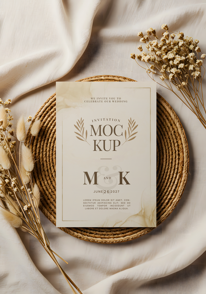 A wedding invitation for Moc Kup and M K on June 26 2027 rests on a woven placemat adorned with dried flowers psd