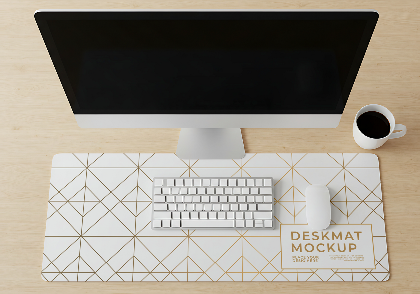 A minimalist workspace featuring a desktop computer keyboard mouse and coffee cup on a geometric desk mat psd