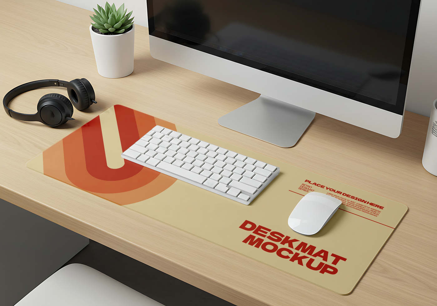 A retro styled desk mat sits on a wooden desk showcasing a keyboard mouse and headphones psd