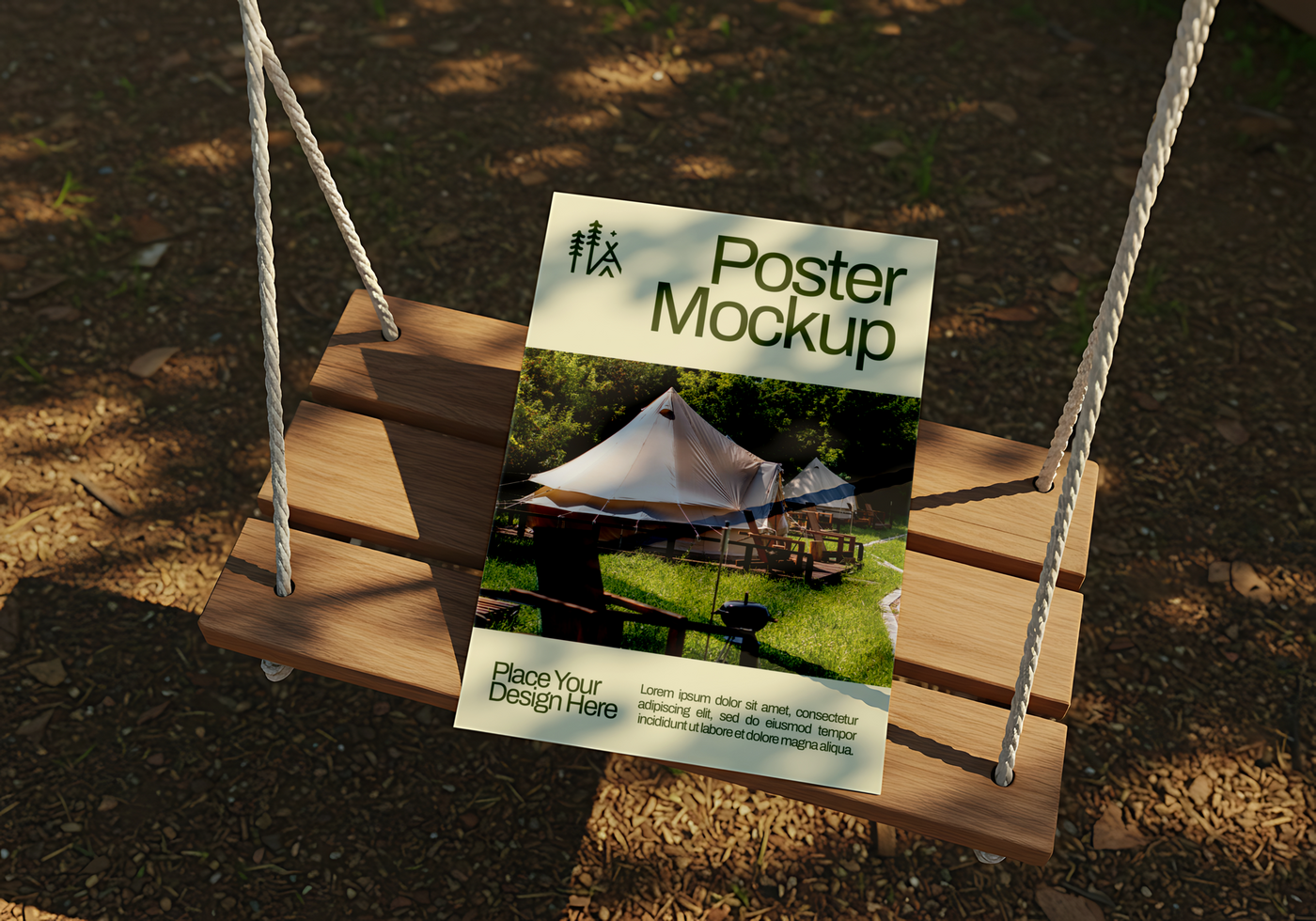 A poster mockup of a glamping site rests on a wooden swing psd