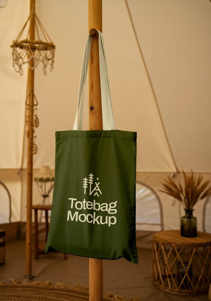 A dark green tote bag with a minimalist logo hangs from a wooden post inside a tent psd