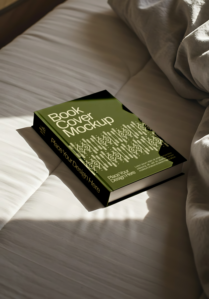 A book cover mockup rests on a bed bathed in sunlight psd