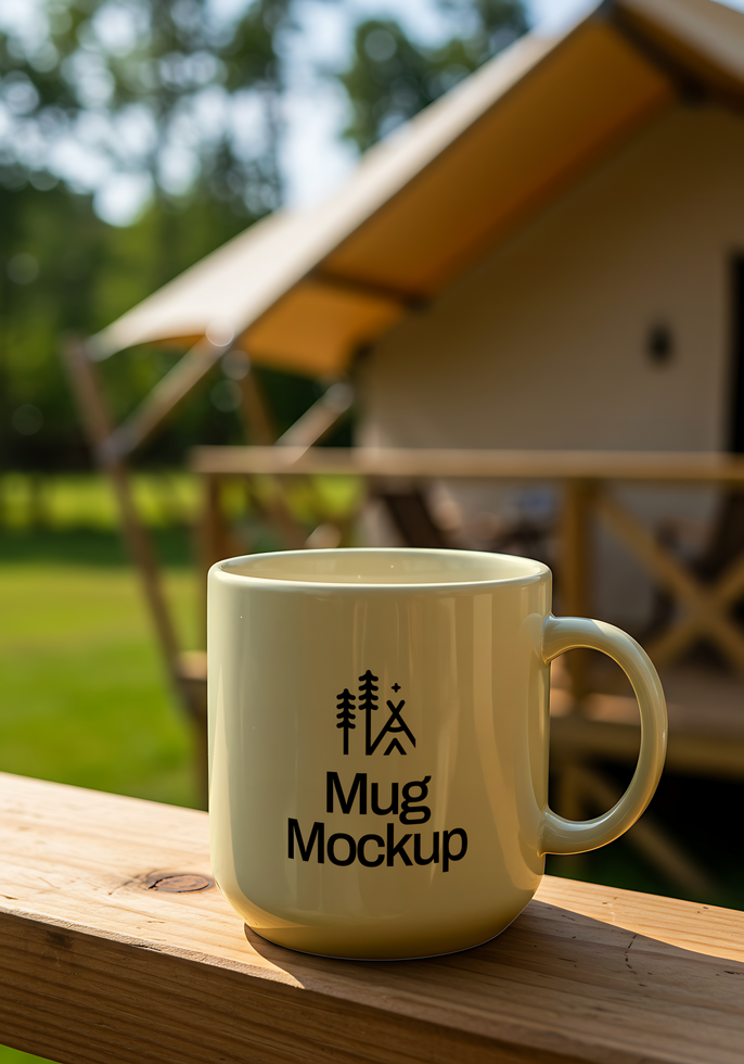 A cream colored mug sits on a wooden railing with a glamping tent blurred in the background psd
