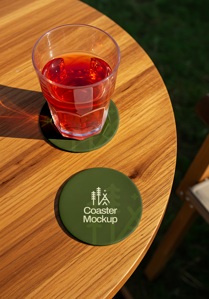 A glass of refreshing red juice sits on a pair of stylish green coasters psd