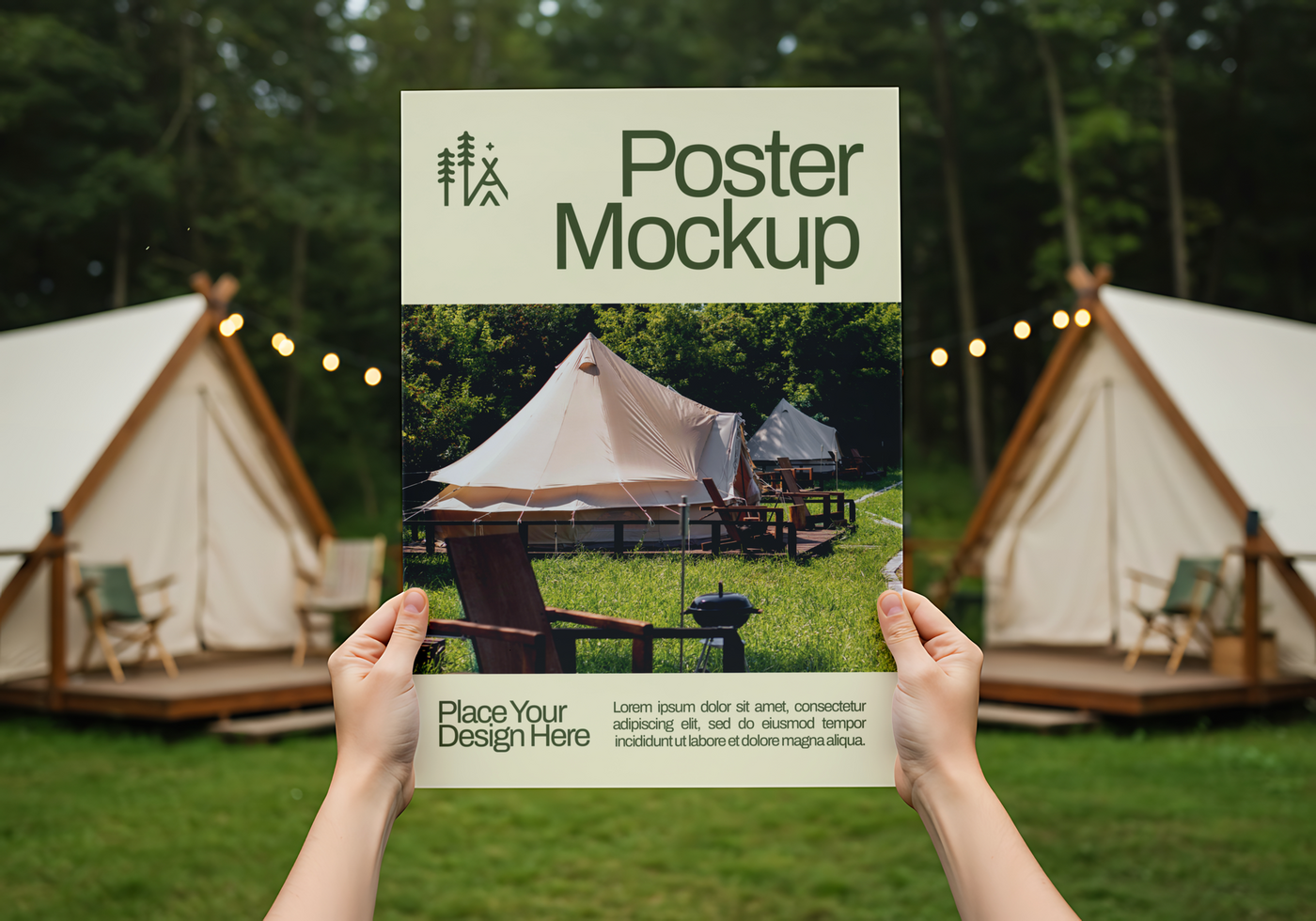 A poster mockup showcasing a tranquil glamping scene psd