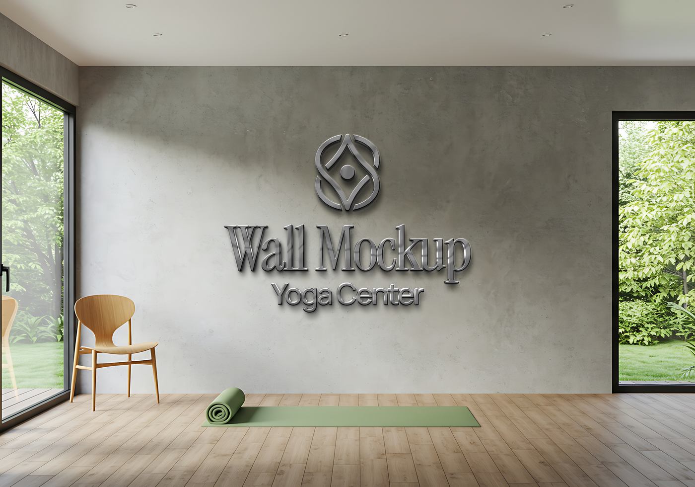 A serene yoga center s logo is displayed on a textured wall accompanied by a rolled up mat and a chair psd