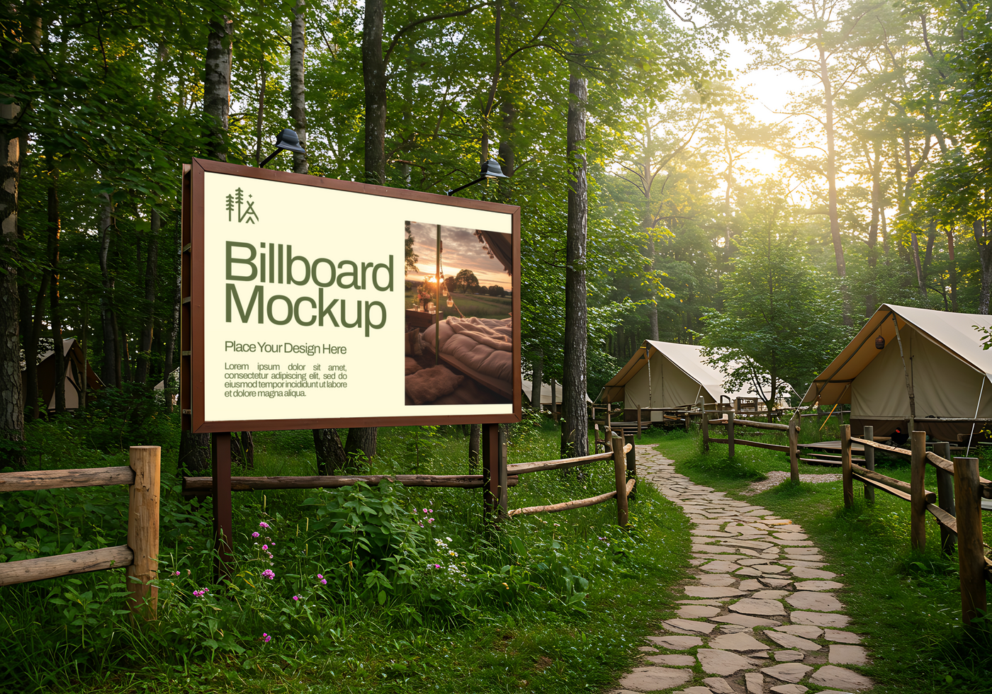 A billboard mockup in a tranquil wooded campsite setting psd