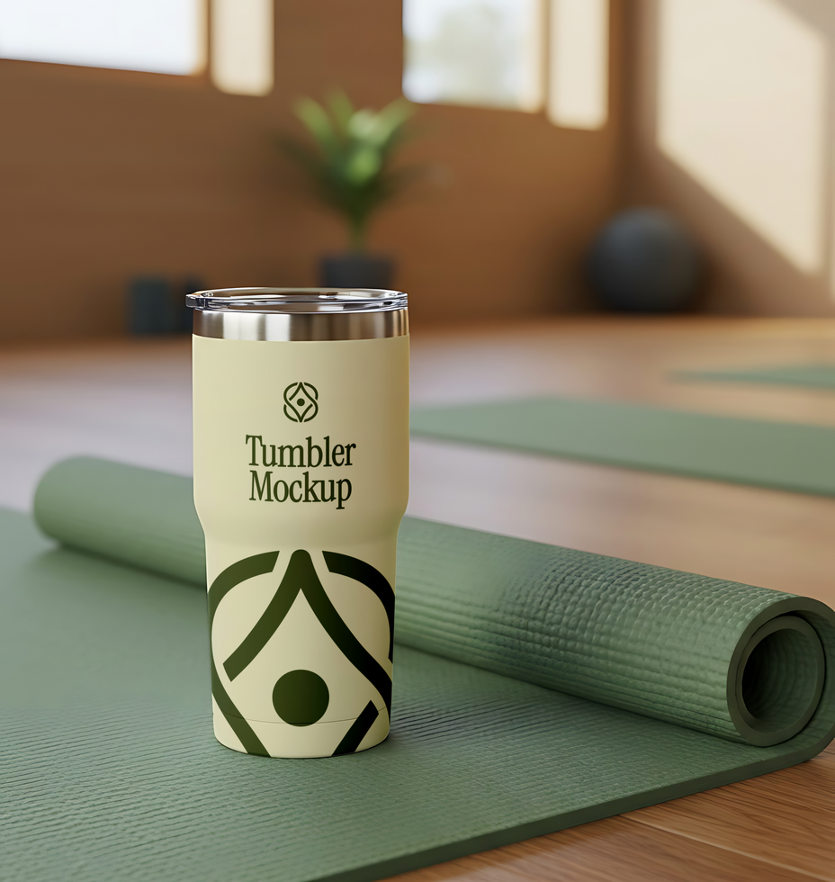 A cream colored tumbler with a green logo rests on a yoga mat psd