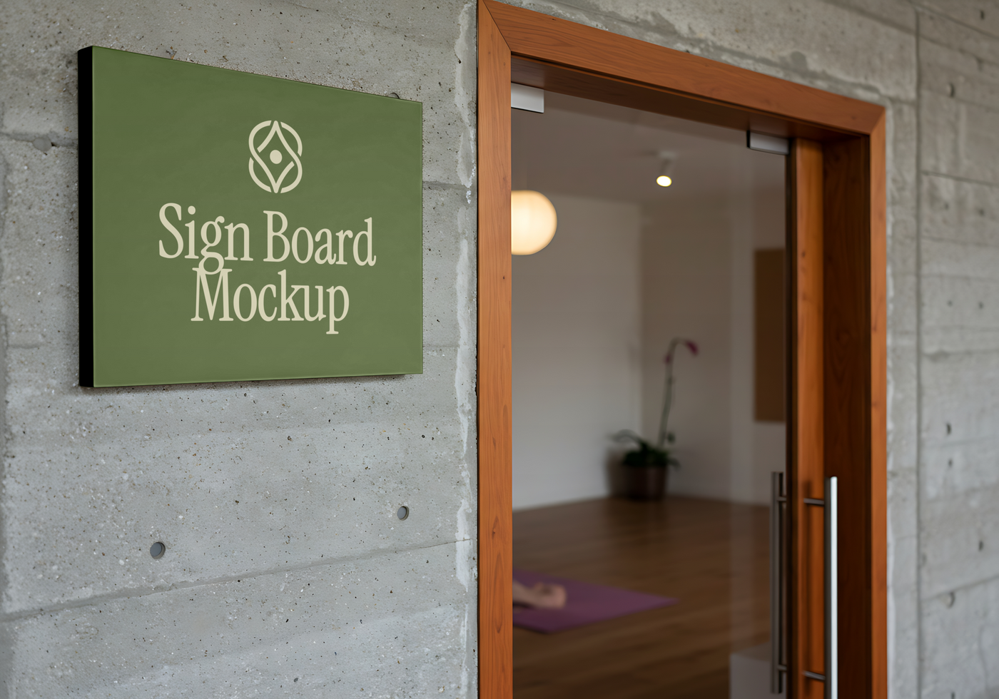 A green sign board mockup hangs on a concrete wall next to a wooden door psd