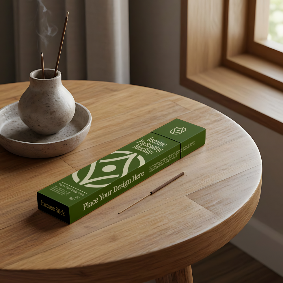 A minimalist incense stick packaging mockup sits on a wooden table next to a burning incense burner psd