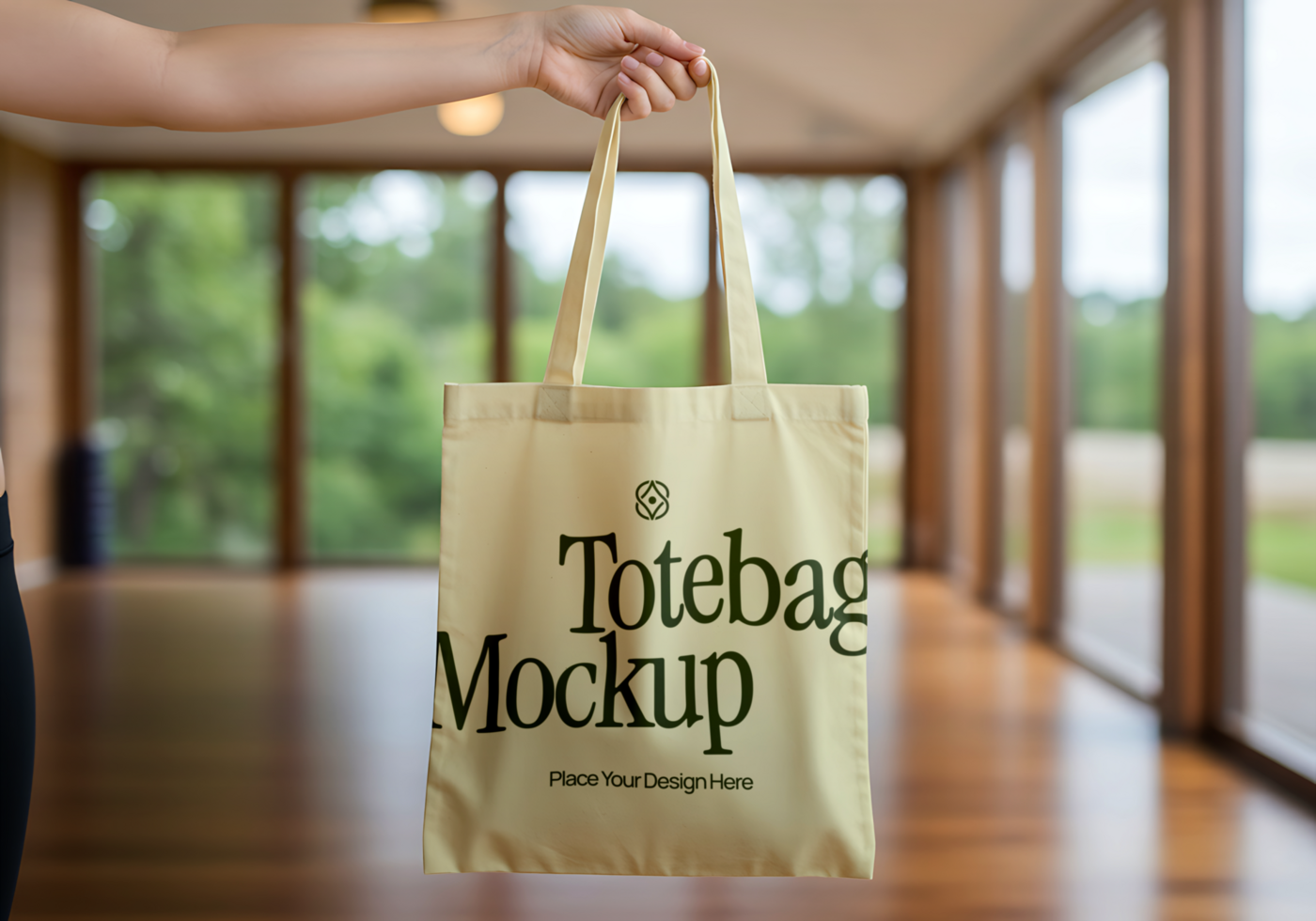 A beige tote bag mockup with the words Totebag Mockup printed on it psd