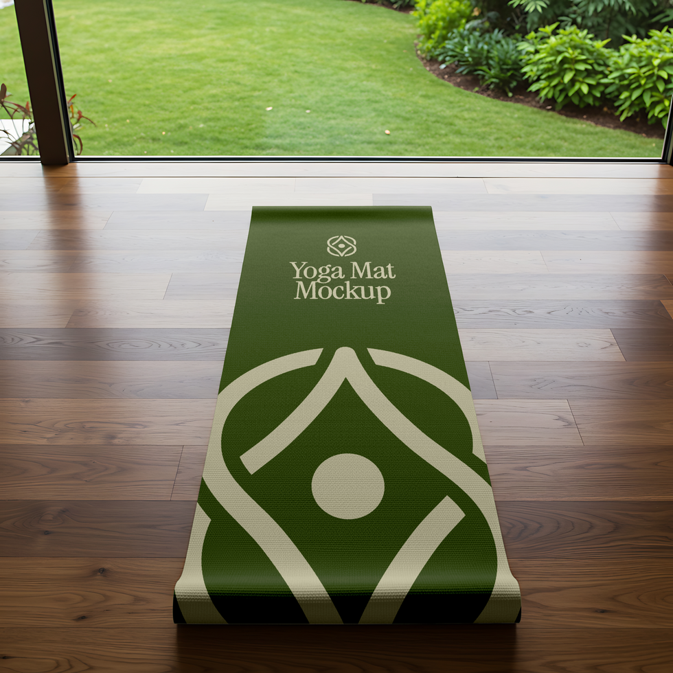 A rolled up yoga mat mockup with a green design rests on a hardwood floor psd