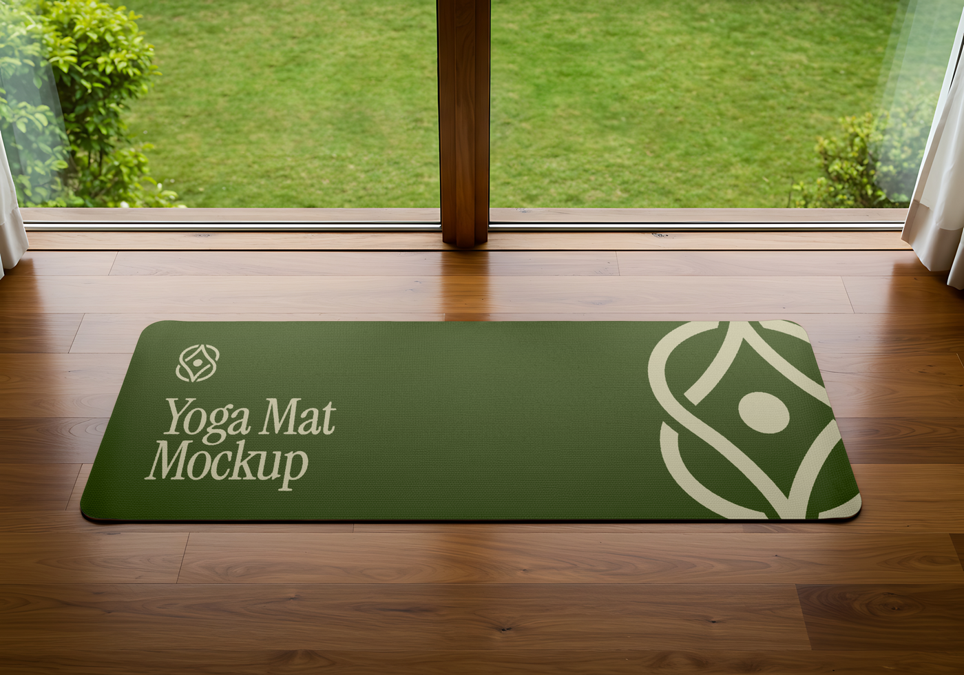 A green yoga mat mockup with a simple design sits on a hardwood floor near a window overlooking a lush green lawn psd