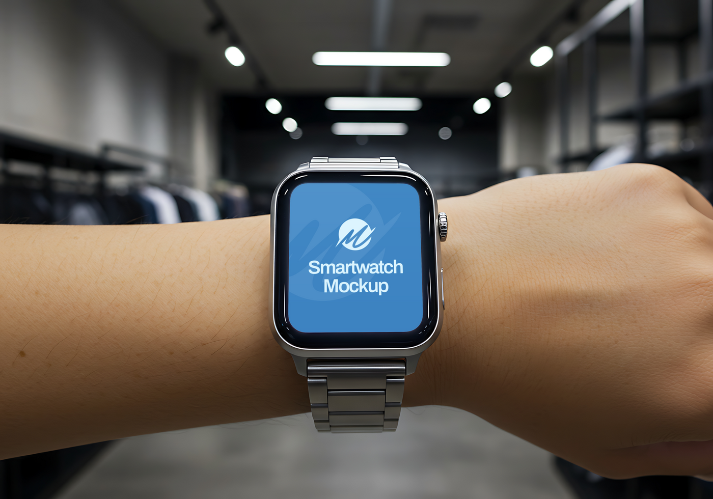 A smartwatch mockup on a wrist displaying a blue screen with a logo psd