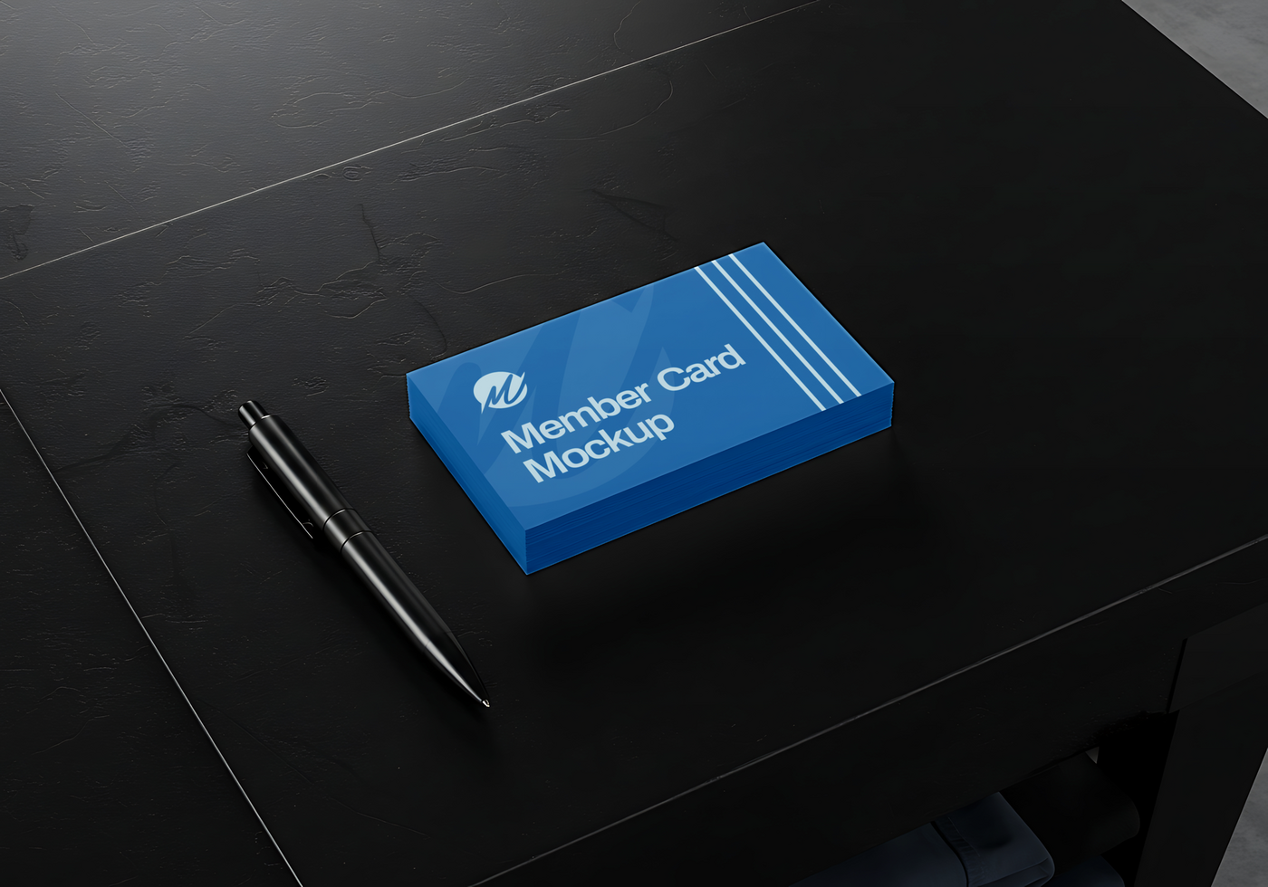 A blue member card mockup rests on a dark surface next to a black pen psd