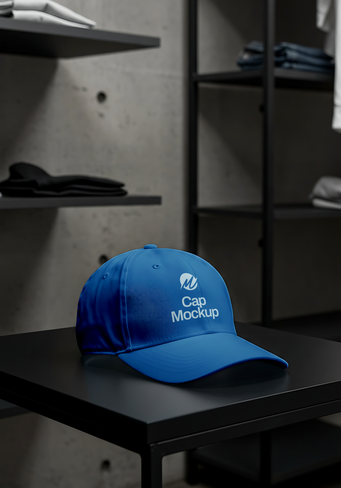 A royal blue cap mockup sits on a dark table in a modern clothing store psd