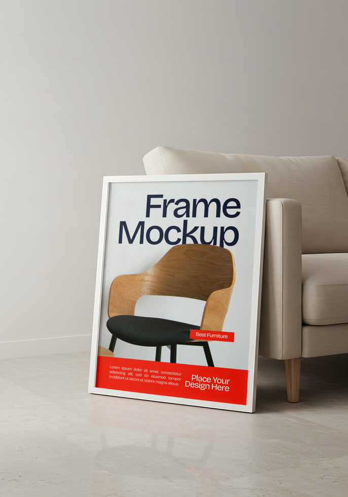 A white frame mockup showcasing a modern chair sits against a beige couch psd