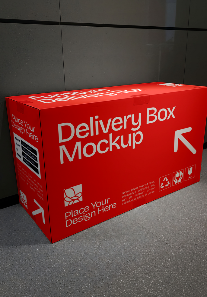 A large red delivery box mockup stands against a gray wall ready for design placement psd