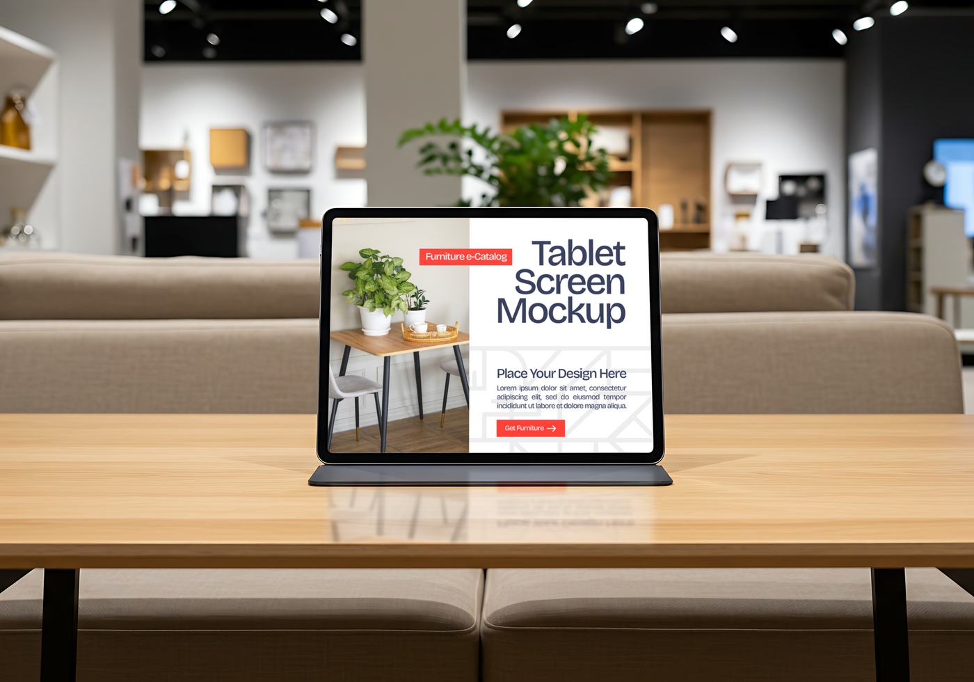 A tablet displays a furniture catalog mockup on a table in a showroom psd