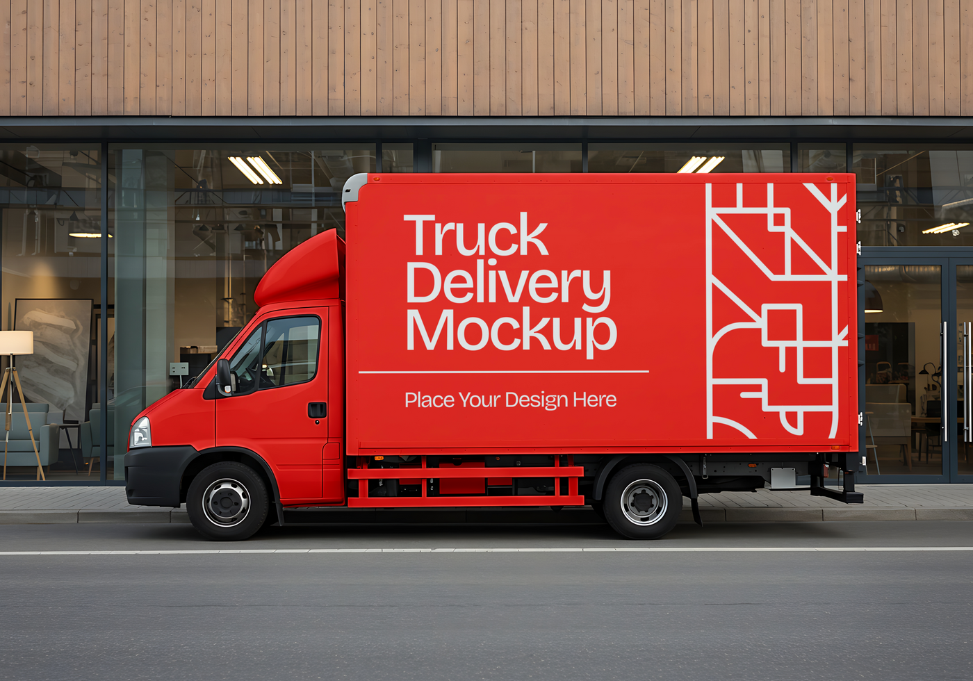 A red delivery truck mockup parked outside a modern storefront ready for your design psd