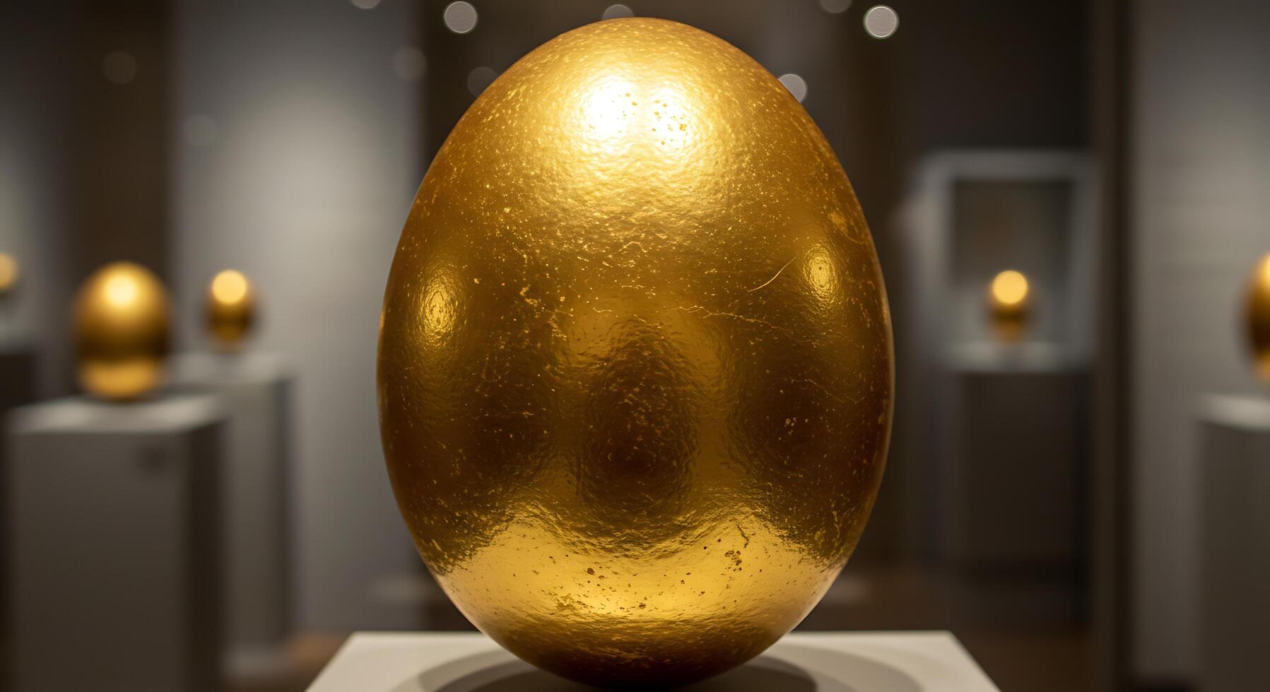 A golden egg sitting on display in a museum photo