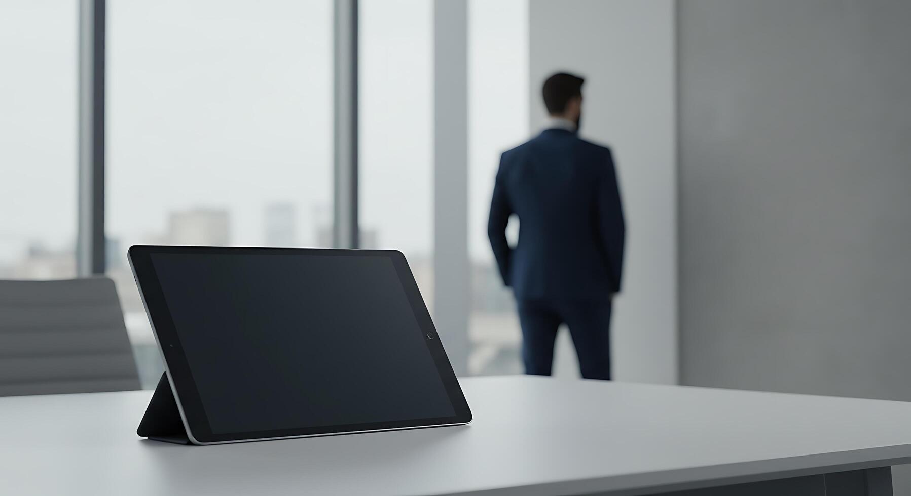 A man in a suit is standing in front of a tablet photo