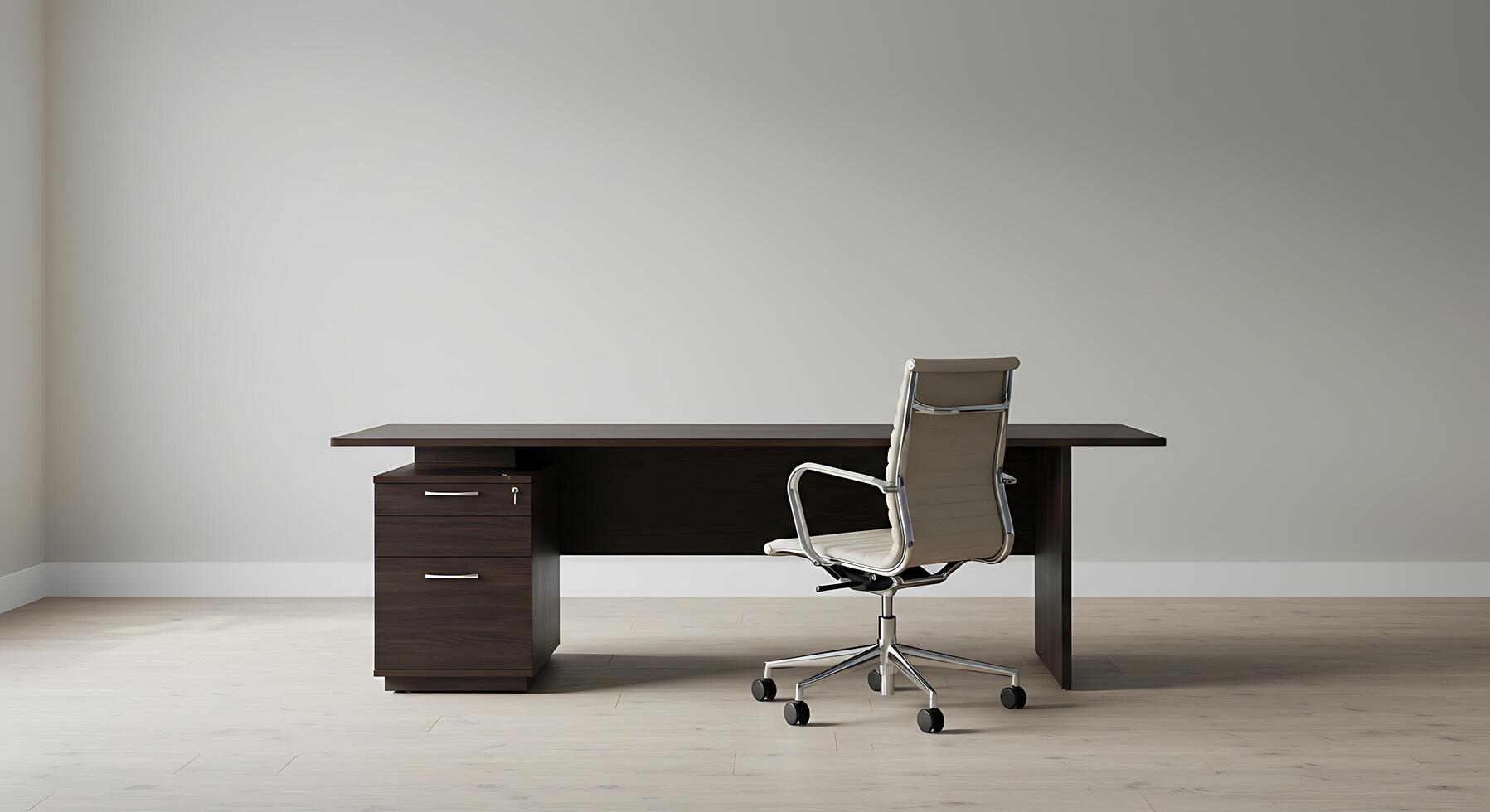 A desk with a chair and a computer photo
